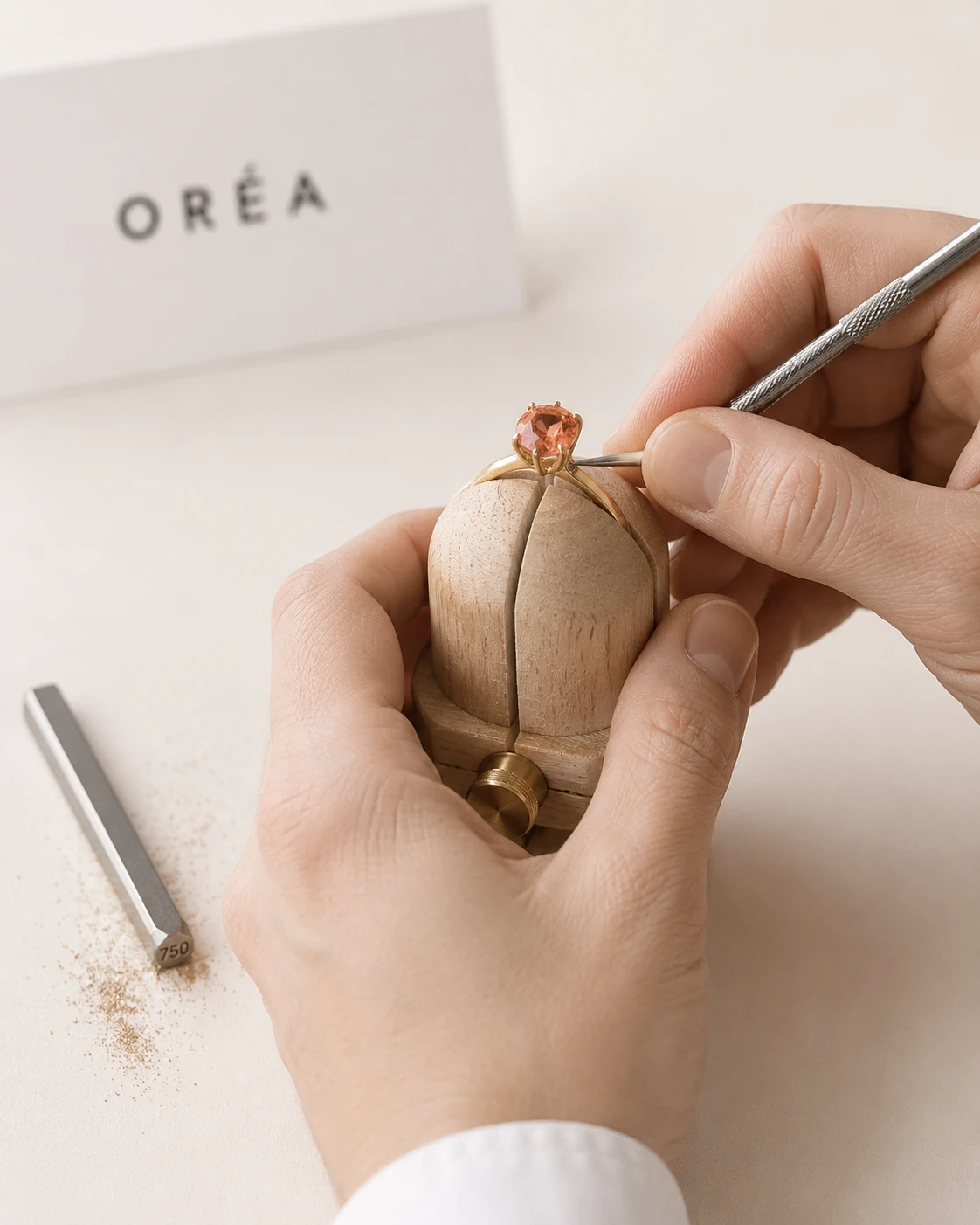 A goldsmith's hands closing a claw over the orange pink cushion cut sapphire in a gold ring held in a pale wood clamp, a steel pusher in the working hand, gold filings and a hallmark punch on the sweep beside it