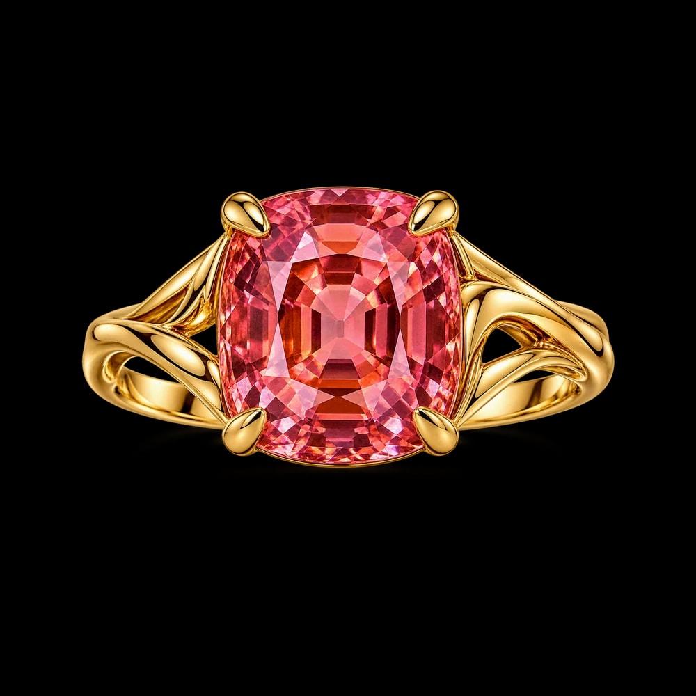 A cushion padparadscha sapphire in four claws on a split gold shank