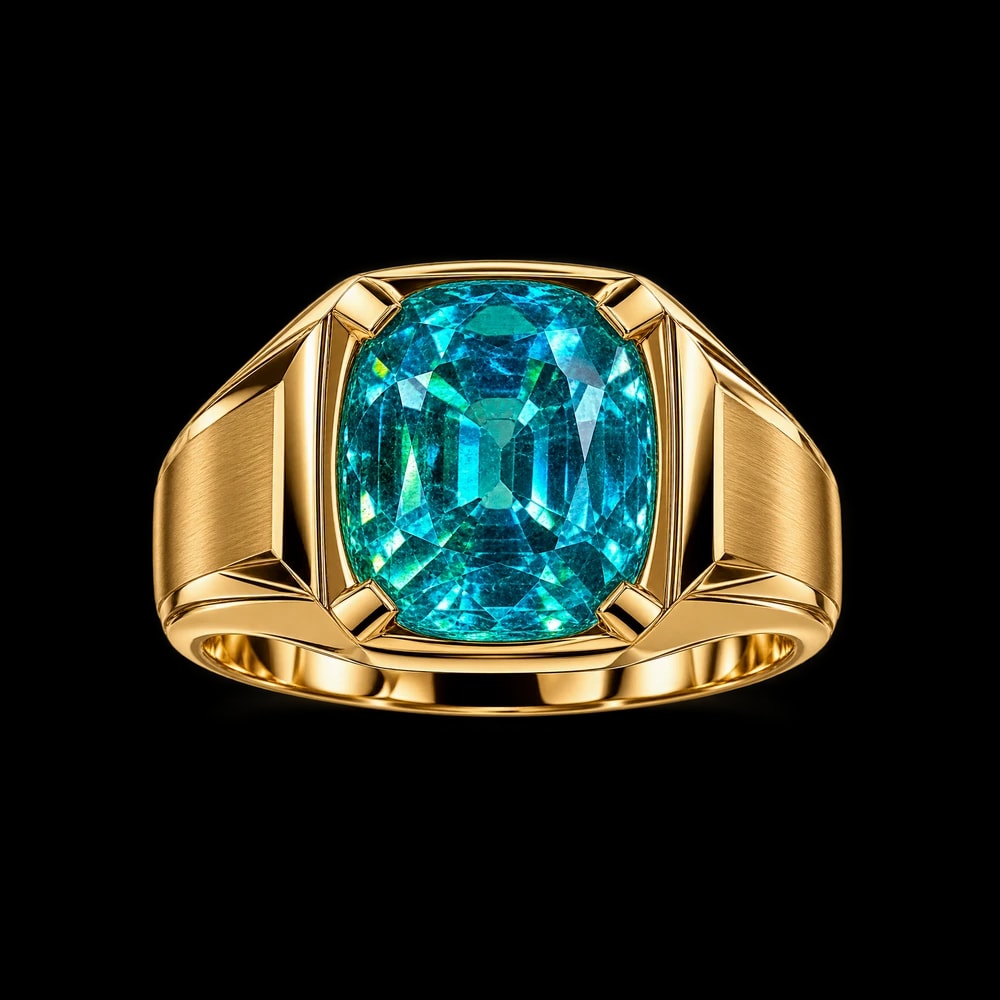 A cushion Paraíba tourmaline set flush in a broad gold signet