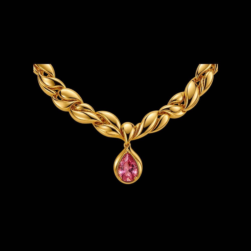A twisted gold chain carrying a pear-cut pink stone in a gold bezel