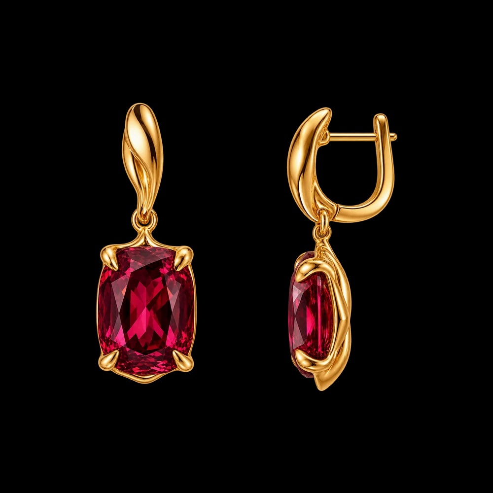 A pair of gold drop earrings, each holding a cushion rubellite in four claws