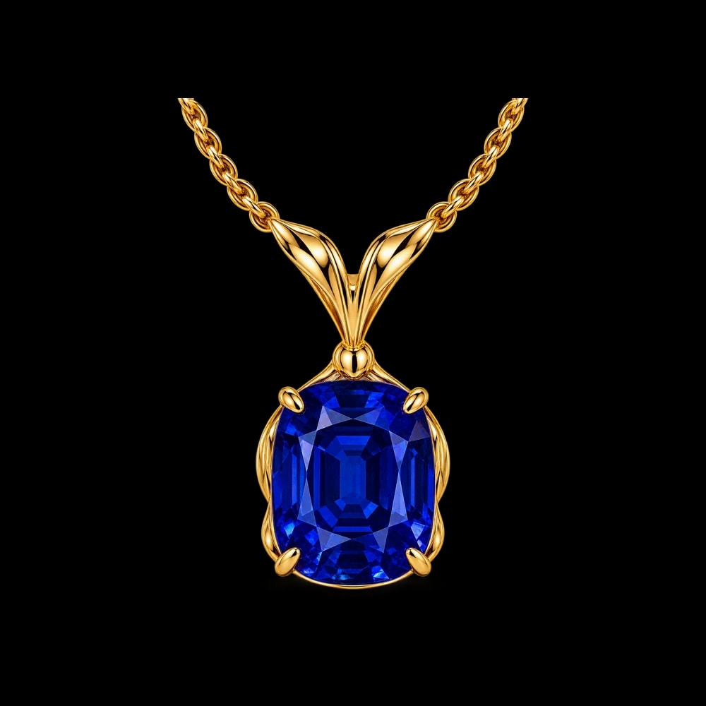 A cushion sapphire held in four gold claws on a fine gold chain