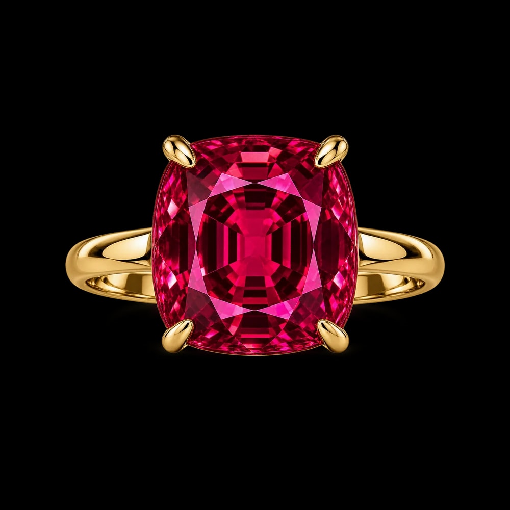 A cushion red spinel set in four claws on a plain gold band