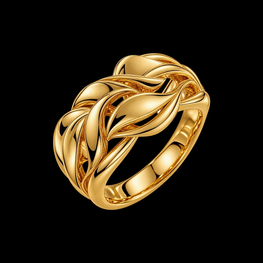 A wide gold ring of interwoven polished strands