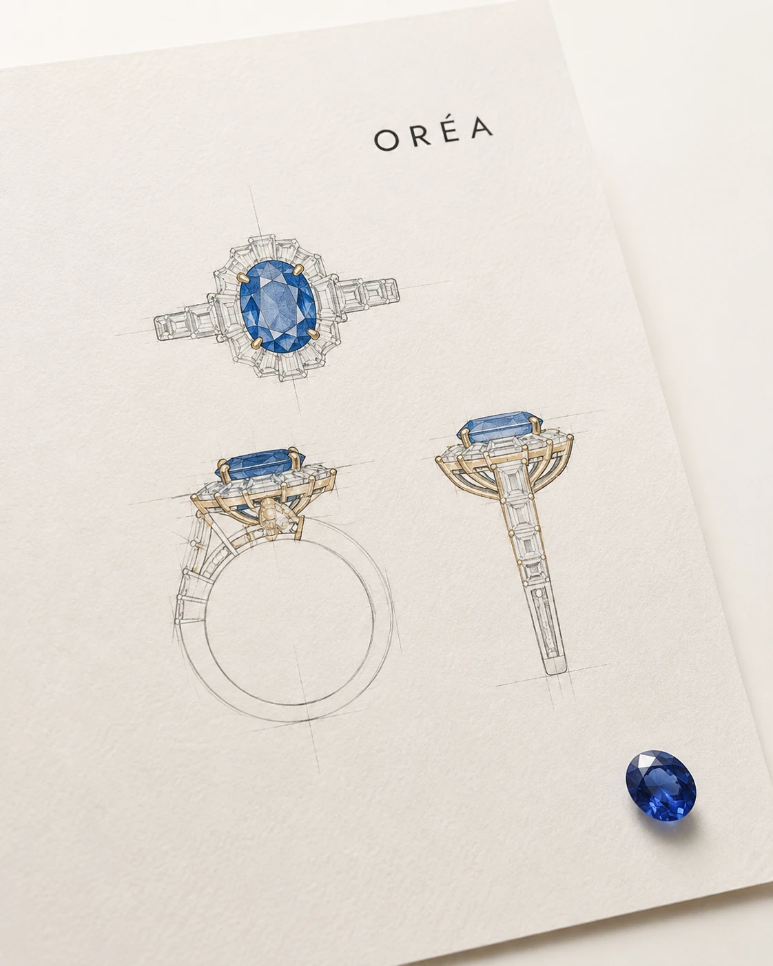 A design sheet in pencil and gouache showing a blue sapphire ring from three views, the loose oval sapphire resting on the corner of the paper